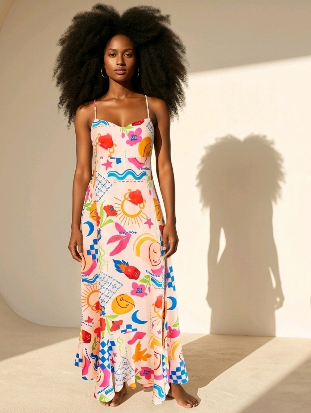 Y2K Abstract Print Maxi Slip Dress Colorful Sun Moon Artsy Boho Festival Size L